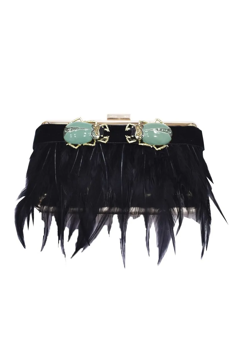 Clutch Escarabajo Verde Agua y Plumas Negras