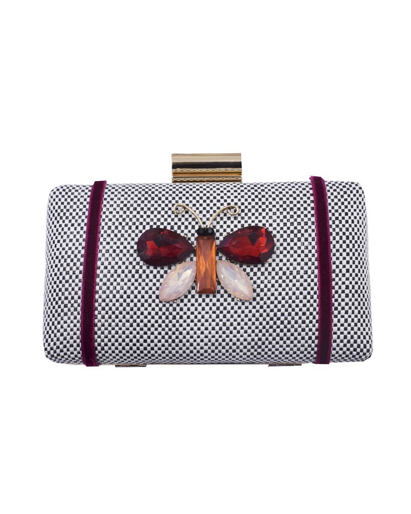 Bolso Joya de Rafia Blanco Y Negro con Mariposa