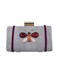 Bolso de fiesta de rafia blanco y negro con insectos joya en tonos