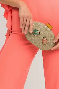 Bolso de fiesta de rafia con insectos joya en tonos coral y