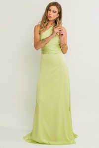 Vestido largo drapeado cintura hombro escote asimetrico verde lima