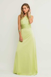 Vestido largo drapeado cintura hombro escote asimetrico verde lima