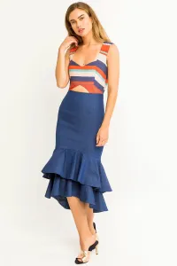 Vestido Corto Midi Crepe Volantes Denim Vaquero Escote Corazon