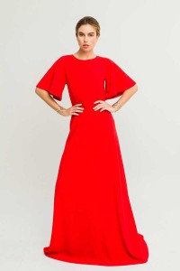 Vestido Largo Rojo Manga Ranglan Campana Escote Espalda Abierta