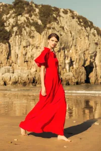 Vestido Largo Rojo Manga Ranglan Campana Escote Espalda Abierta