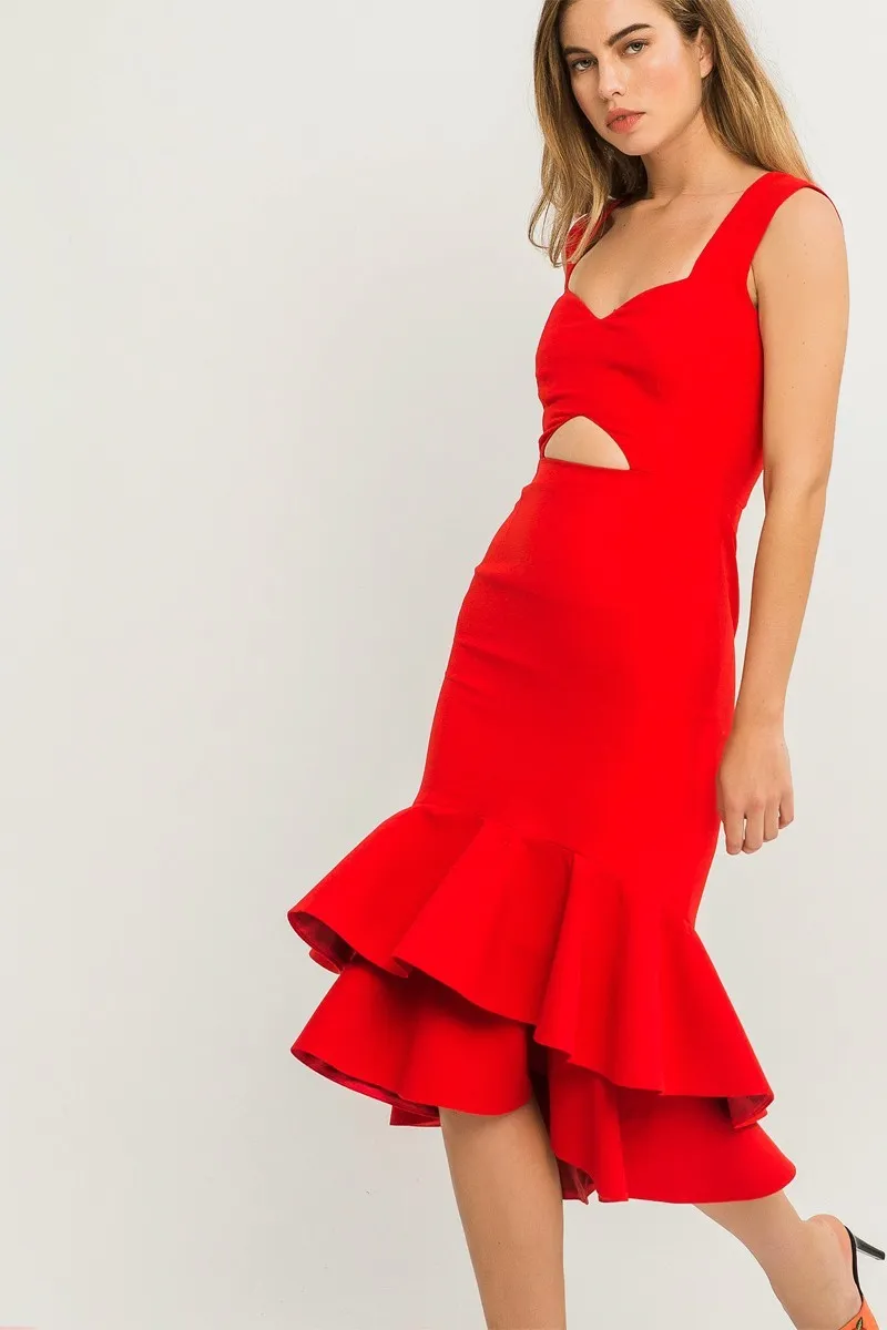 Vestido corto crepe rojo escote corazon abertura falda volantes
