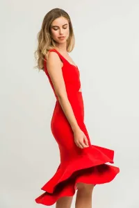 Vestido corto crepe rojo escote corazon abertura falda volantes