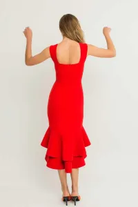 Vestido corto crepe rojo escote corazon abertura falda volantes