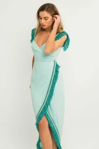 Vestido Midi Crepe azul claro Falda Cruzada Pasamaneria Flecos