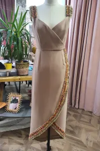 Vestido Midi Crepe azul claro Falda Cruzada Pasamaneria Flecos