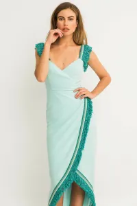 Vestido Midi Crepe azul claro Falda Cruzada Pasamaneria Flecos