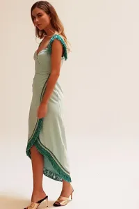 Vestido Midi Crepe azul claro Falda Cruzada Pasamaneria Flecos