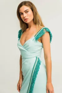 Vestido Midi Crepe azul claro Falda Cruzada Pasamaneria Flecos