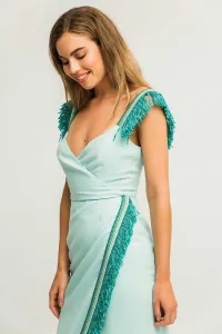 Vestido Midi Crepe azul claro Falda Cruzada Pasamaneria Flecos