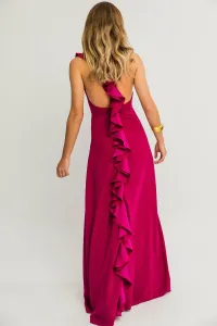 Vestido largo frambuesa crepe volantes cuello redondo espalda