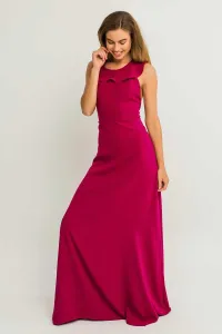 Vestido largo frambuesa crepe volantes cuello redondo espalda