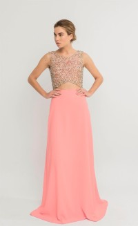 Vestido largo coral escote espalda cuerpo lentejuelas abertura