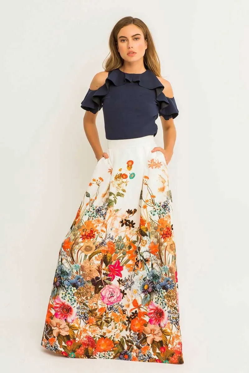 Falda larga vuelo blanca estampada flores ajustada cintura