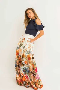 Falda larga vuelo blanca estampada flores ajustada cintura