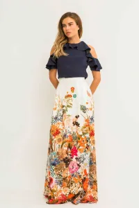 Falda larga vuelo blanca estampada flores ajustada cintura