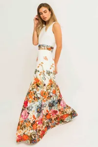 Vestido largo estampado blanco flores fajin drapeado escote espalda