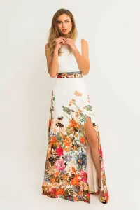 Vestido largo estampado blanco flores fajin drapeado escote espalda