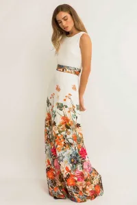 Vestido largo estampado blanco flores fajin drapeado escote espalda
