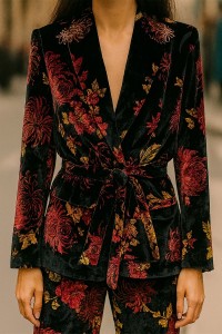 traje de chaqueta y pantalón terciopelo negro con estampado de