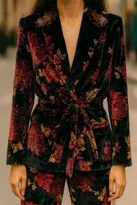 traje de chaqueta y pantalón terciopelo negro con estampado de