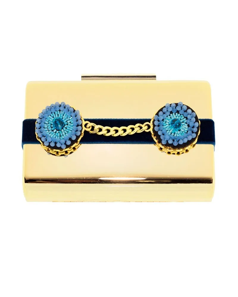 clutch laton dorado tira terciopelo azul canutillos azules cadena