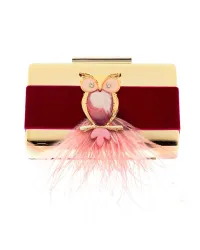 clutch laton dorado con terciopelo morado buho nacar y pluma