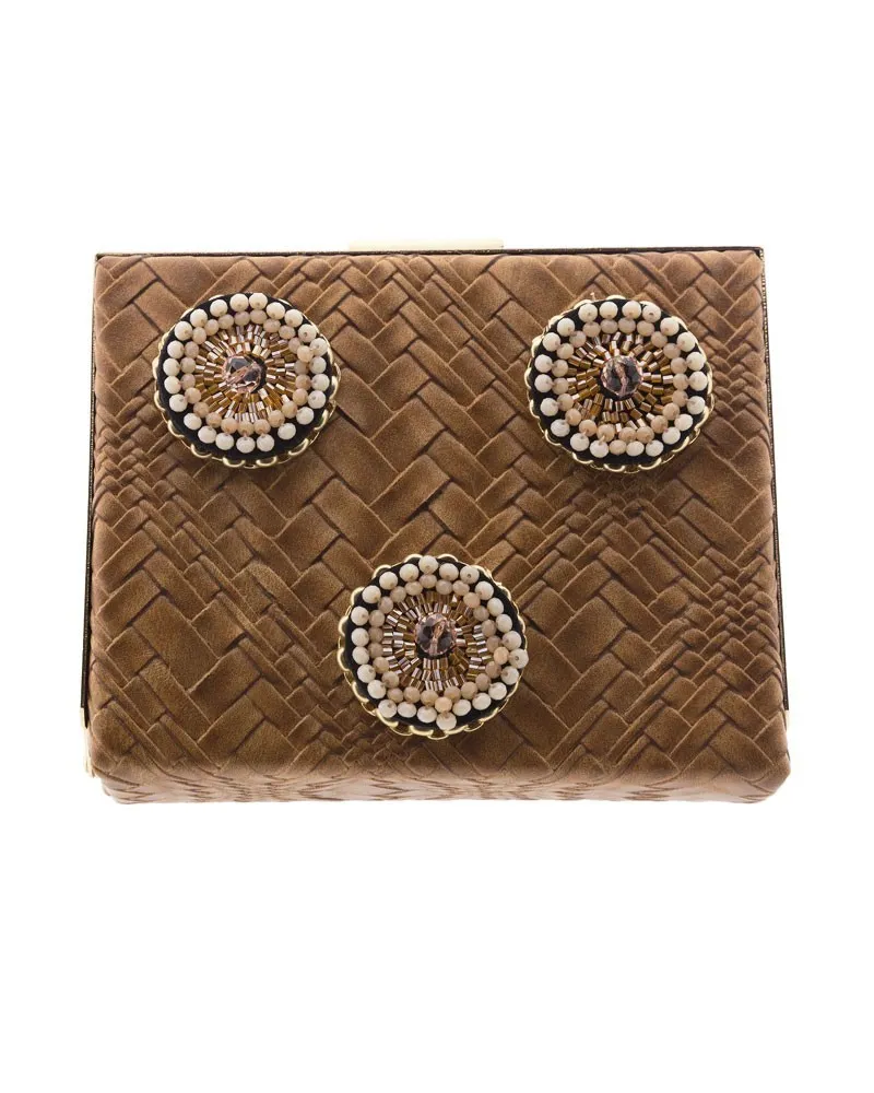 clutch base piel trenzada marron carita sonriente canutillos