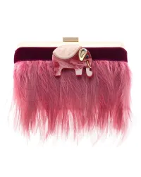 clutch laton dorado con pluma rosa y elefante de nacar