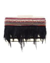clutch fiesta laton dorado con plumas negras y pasamaneria