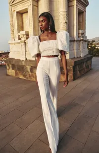 conjunto pantalon palazzo y top manga campana tul bordado de flores