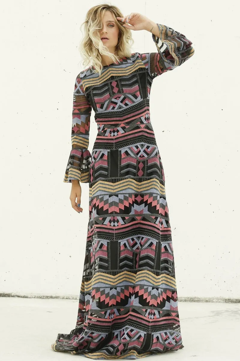 vestido de fiesta largo estampado etnico para invitadas bodas