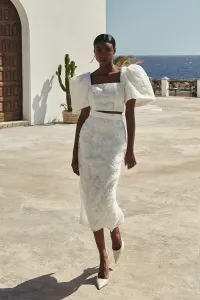 conjunto falda y top manga campana tul bordado de flores