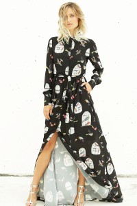 vestido largo camisero manga larga estampado
