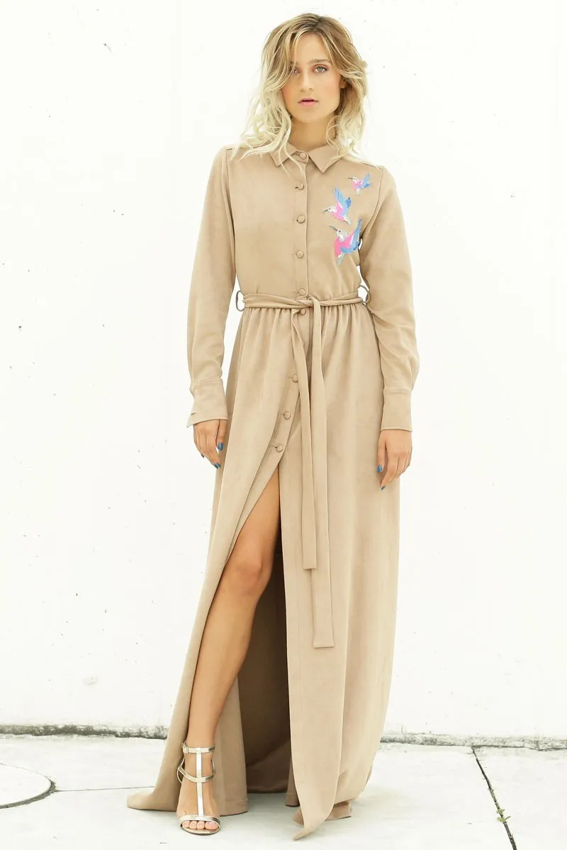 vestido largo ante beige camisero pajaros