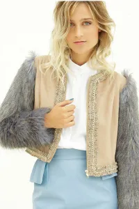 Chaqueta beige de ante manga larga con pelo