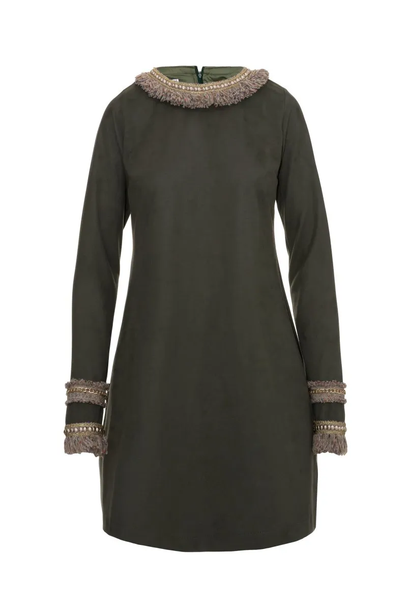vestido beige de ante evase manga larga