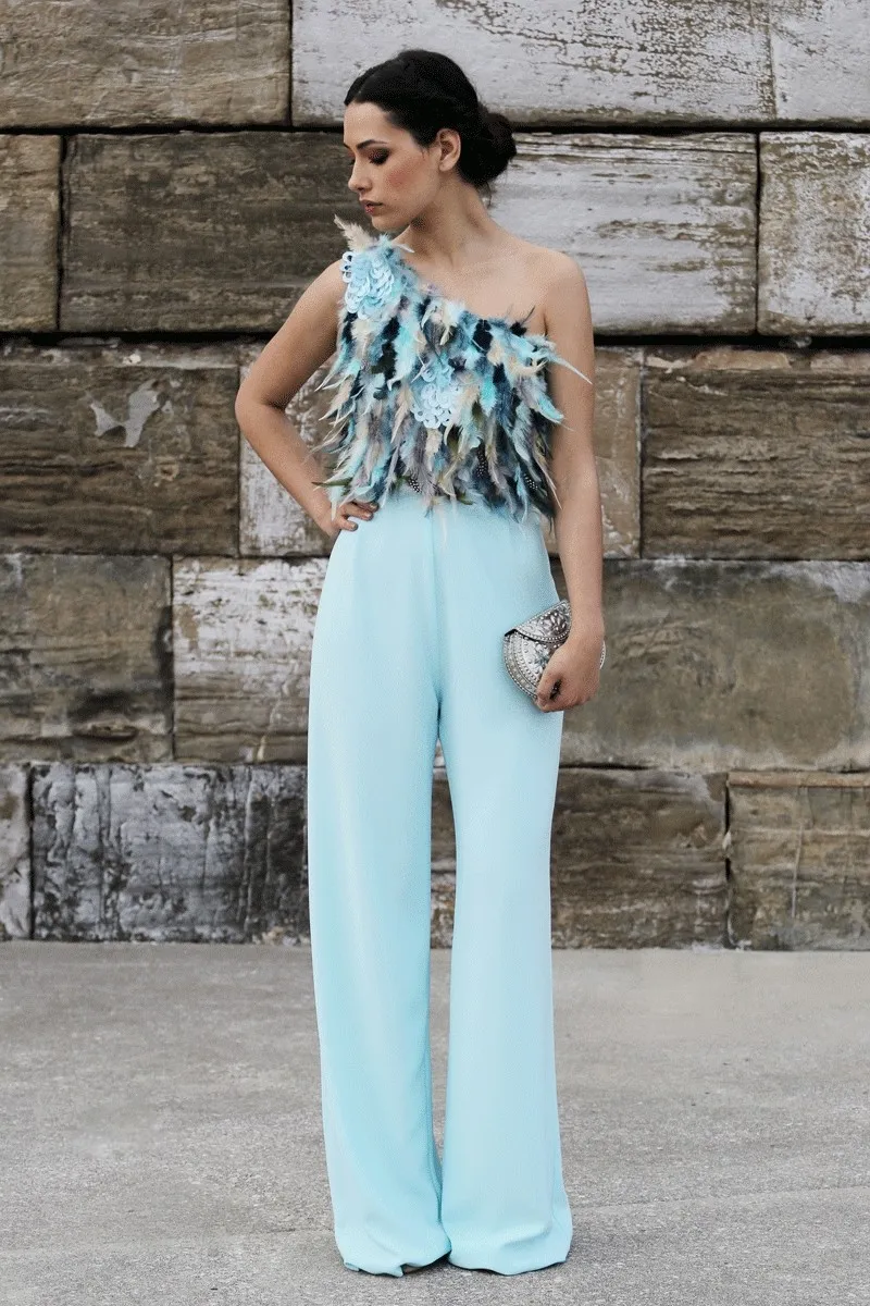 mono de fiesta azul de plumas