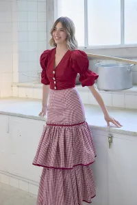 Falda midi cuadro vichy volantes blanco y burdeos