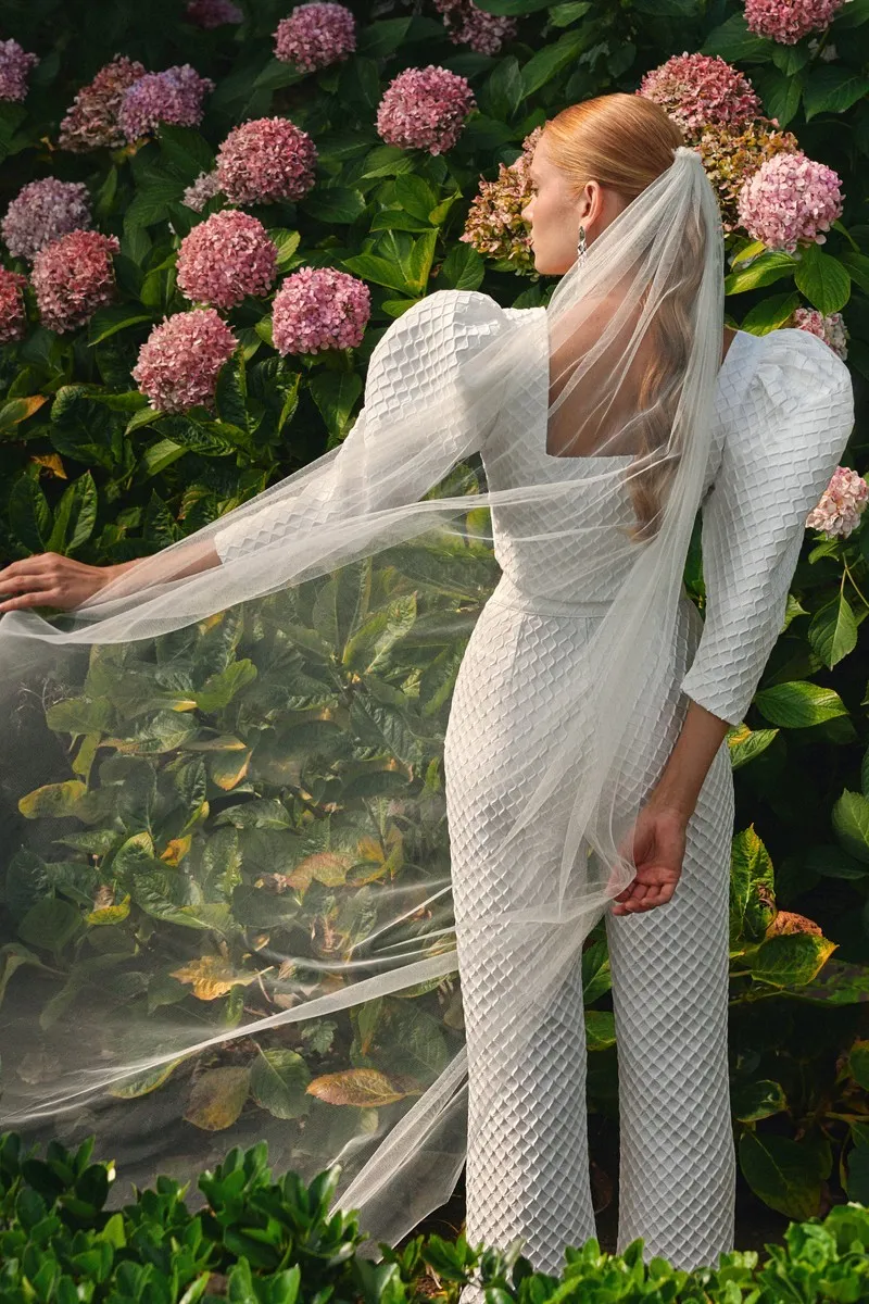 Pantalon palazzo de jacquard brocado blanco geometrico para novia