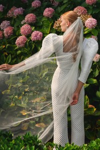 Pantalon palazzo de jacquard brocado blanco geometrico para novia