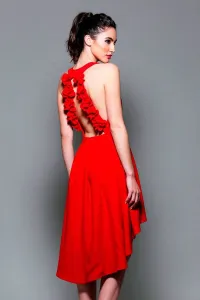 Vestido corto de fiesta asimétrico rojo con adorno flores espalda