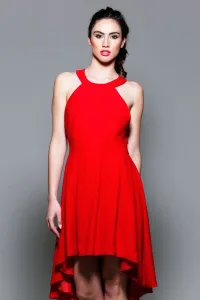 Vestido corto de fiesta asimétrico rojo con adorno flores espalda