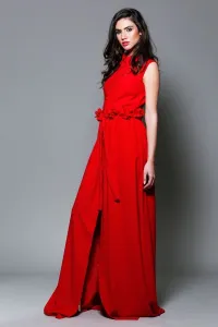 vestido camiseto largo rojo con cinturon de flores