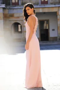 vestido largo de fiesta rosa palo con escote espalda para boda