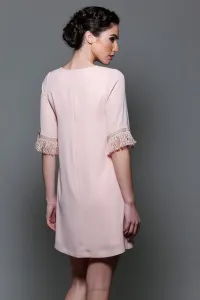 vestido corto de fiesta evase rosa palo flecos mangas para